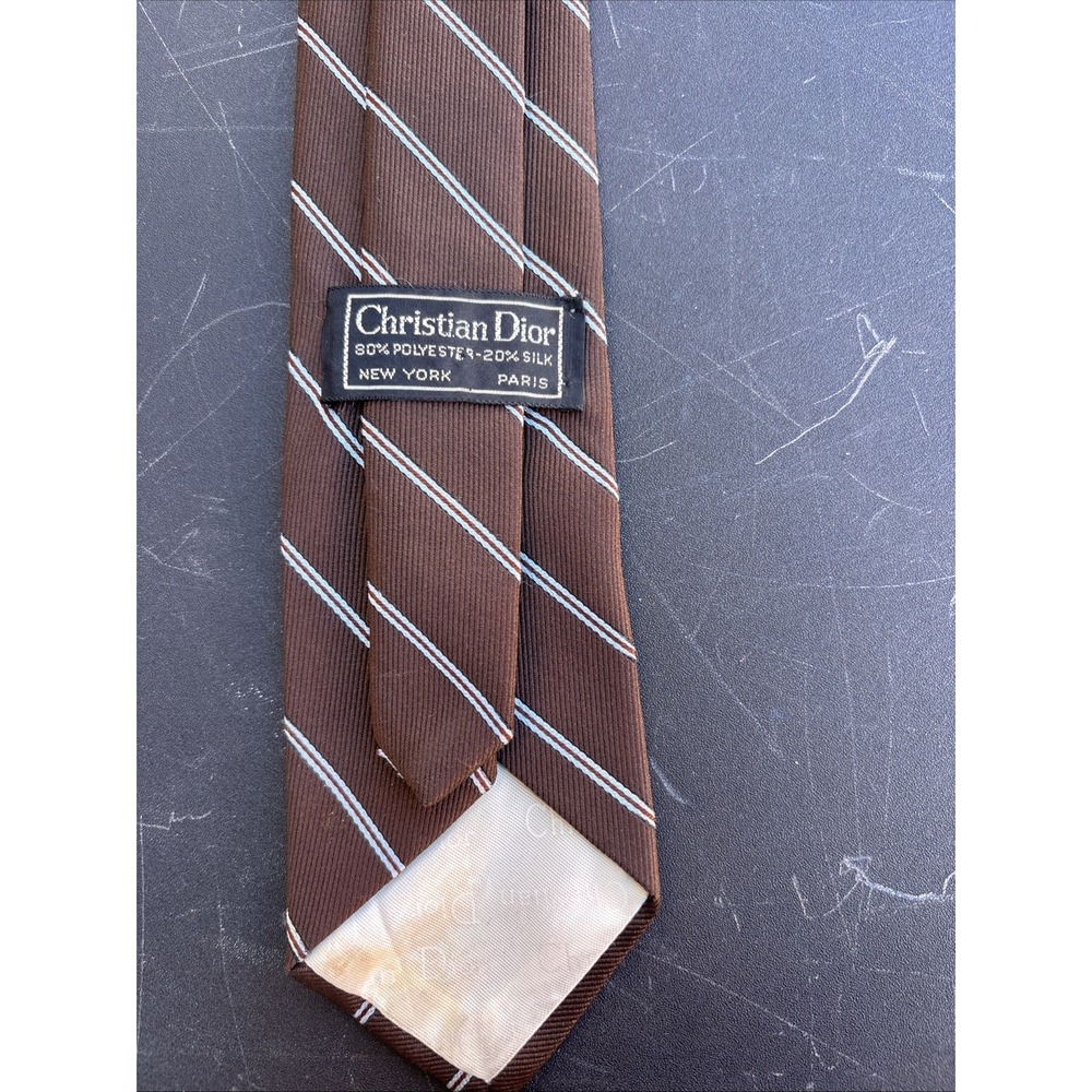 Christian Dior Tie Mens Necktie Brown AOP  Striped Silk Made USA VTG 80s